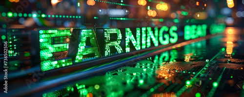 Dynamic 3D illustration of EARNINGS BEAT with upward green arrows, representing rising profits and positive quarterly financial results