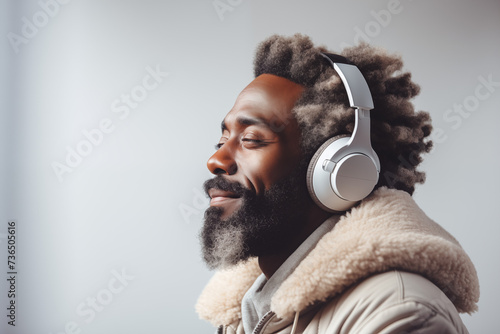 Junger schwarzer Mann trägt stylische Kopfhörer, Mann hört Musik, Fashion Hintergrund