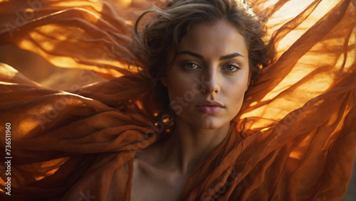 Porträt einer eleganten Frau in sinnlichem orangen Tuch