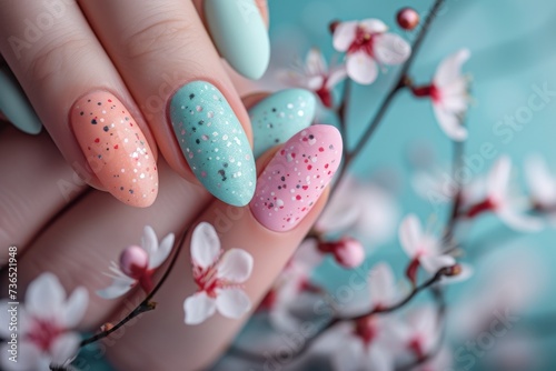 Female hands with beautiful Easter inspired pastel colors nail design on long almond form nails. Woman hands with trendy polish manicure on background with spring flowers