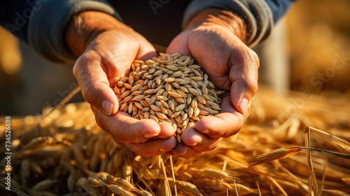 Close-up of the hands of a farmer holding a handful of wheat grains in a wheat field. Agricultural and harvest concept