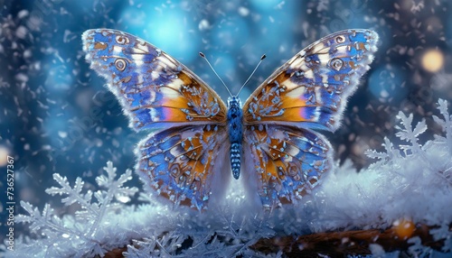 linda mariposa psicodélica peluda sentada en invierno en un copo de nieve, hiperrealista