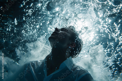 A man wearing a white shirt under water, drowning in work concept, a businessman overwhelmed with the workload