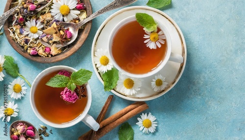 two cups of healthy herbal tea with mint cinnamon dried rose and camomile flowers in spoons over blue background