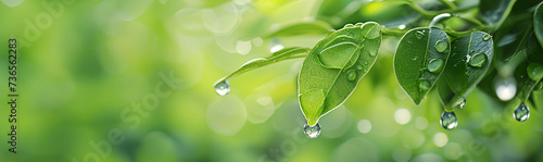 Fresh green leaves with morning dew against a green bokeh background. Nature and environmental concept. Image for organic skincare product advertisement. Wellness banner image with copy space.