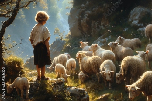 Young David shepherds sheep, Bible story.