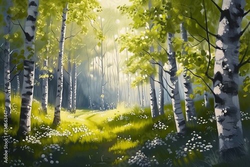 Forest landscape of birch trees in spring, painting.