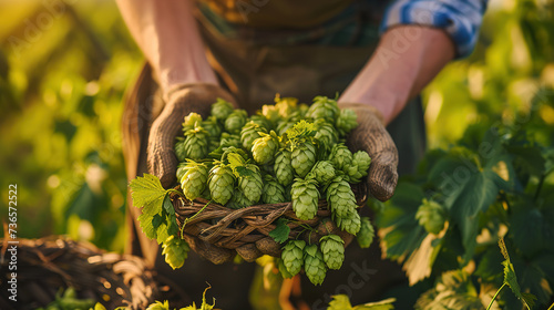 Close up shot of an young successful farmer is collecting directly from plants biological raw hop flowers used for high quality beer production in ecological craft brewery