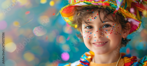 Children's carnival birthday. Exuberant child in festive gear with confetti, colorful hat, and sunglasses at a fun-filled carnival birthday party 
