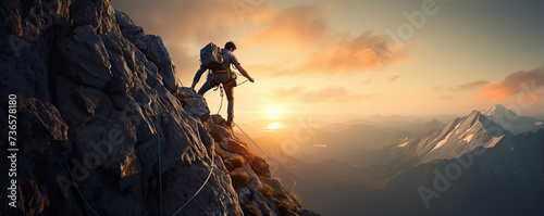 Climber on rocks in sunset light