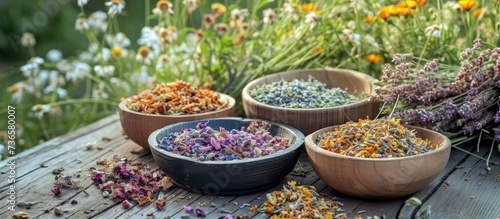 Dried meadow herbs on wooden table. Preparing medicinal plants for health.