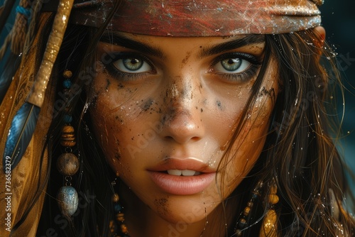 Hot dangerous woman pirate, ship captain in hat and makeup, fantasy bandit girl character