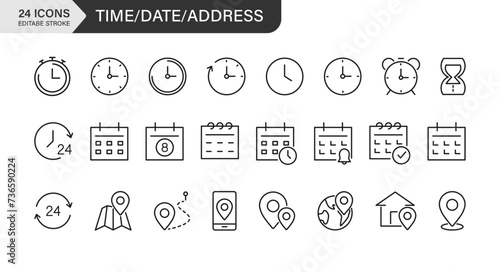Time, Date and Address concept editable stroke outline icons set isolated on white background. Flat vector illustration. Pixel perfect.