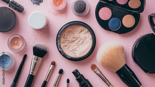 A well-arranged flat lay of makeup essentials including brushes, powders, and compact cases.