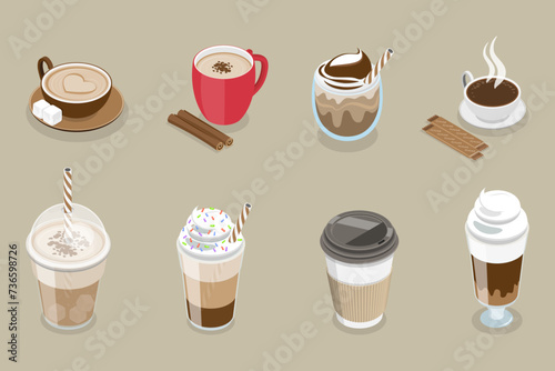 3D Isometric Flat Vector Set of Coffee Beverages, Different Drink Types
