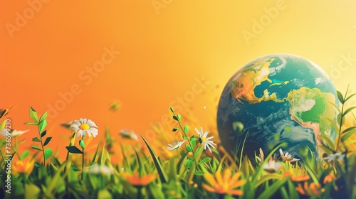 Bright and cheerful Earth with daisies illustration on a sunny orange background. The planet Earth surrounded by spring flowers symbolizing hope and environmental conservation.