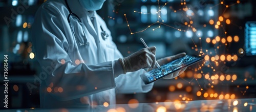 Medicine with futuristic technology. Doctors collaborate with computers, and holograms materialize intricate medical data, symbolizing harmonious future of advanced healthcare digital integration.