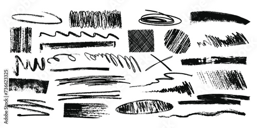 Set charcoal pencil curly lines and squiggles. Hand drawn marker scribbles. Black pencil sketches. daubs isolated on white background.