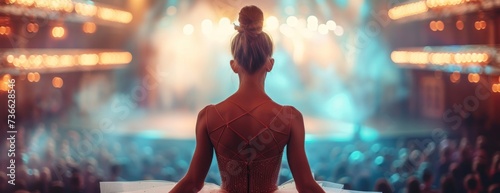 A ballerina in a red dress sits in front of a stage during her performance.