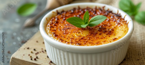 Decadent creme brulee dessert with space for text, a tasty french burnt cream served at a restaurant