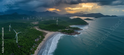 Panoramic coast view with wind turbines on green hills, symbolizing sustainable energy generation
