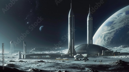 futuristic spaceport with spacecraft ready for launch, representing the future of human spaceflight on this important occasion
