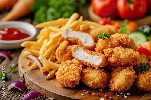 fried chicken nuggets with french fries and vegetables