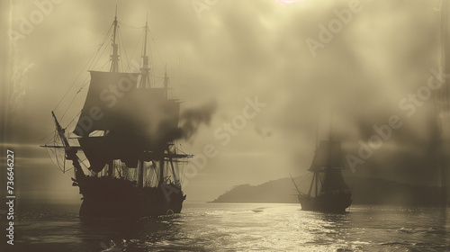 ancient photograph of two old pirate ships from the 1800s sailing the ocean during a battle