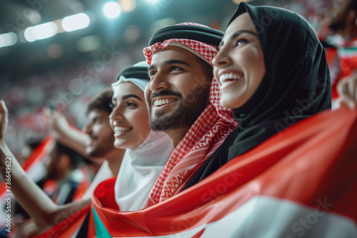 United Arab Emirates fans cheering on their team from the stands of sports stadium.