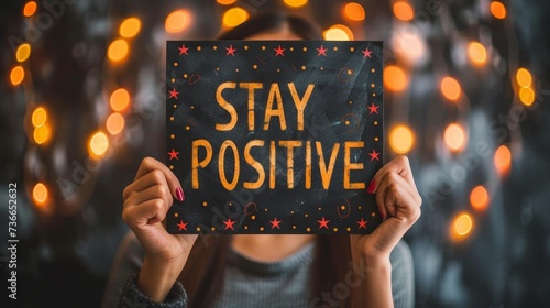 Motivational success concept woman holding big sign stay positive on abstract blurred background