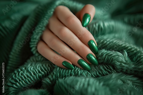 Woman hand with green color nail polish on her fingernails, green dress, green nail manicure with gel polish at luxury beauty salon. Nail art and design. Female hand model. French manicure, .