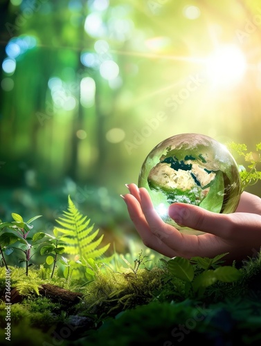 Hands Holding Globe Glass In Green Forest, realistic, HD, copy space - generative ai