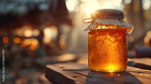 Jar of honey on the table under the sun's rays