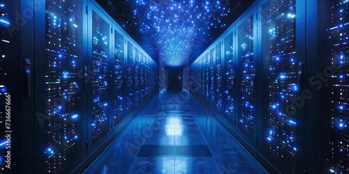 Futuristic data center with rows of servers, illustrating advanced technology and information security