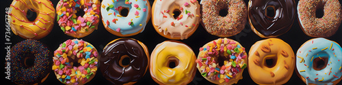 Banner colorful sweet donuts, glazed donuts