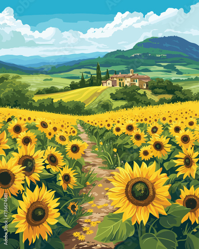 A field of blooming sunflowers leads to a traditional Tuscan villa amidst rolling hills under a bright sky, Cover design