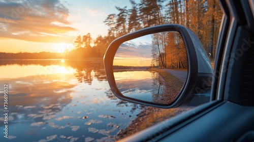 Serene Sunset Reflection in Car's Side-View Mirror Over Calm Lake Waters