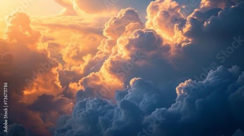 Whimsical clouds backlit by the setting sun resembling a fairytale scene in the sky.