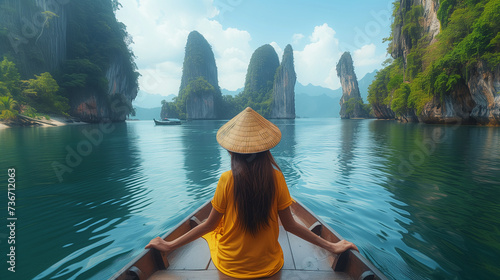 traveler woman in a longtail boat at Khao Sok Lake Thailand Asia, Asian woman in a boat at the lake with limestone cliffs
