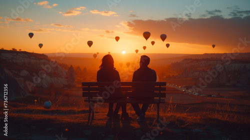 a couple of men and woman watching the sunrise in Cappadocia Turkey, a romantic moment in Kapadokya Turkey, 