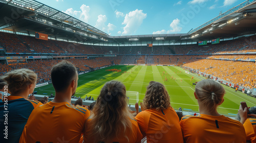 supporters of the Dutch football team in a football stadium, supporters of the Netherlands in a stadium, fans at a soccer game, European Championship or world cup concept, crowd of people in stadium