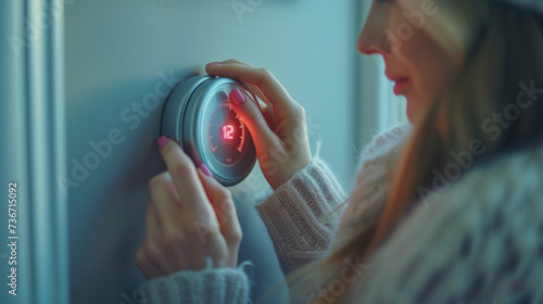 A woman sets the thermostat at the house, inflation high gas prices concept