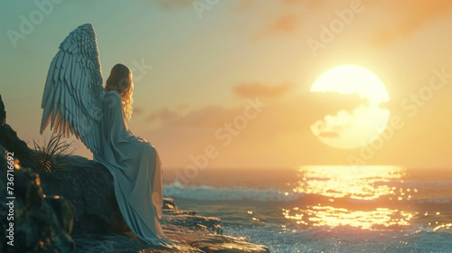 A lone angel dressed in a flowing white robe watching over the world as the sun sinks below the horizon.