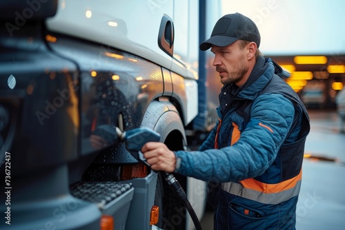 Detailed capture of a worker in protective gear fueling a large truck, implicating the routine of transportation industry