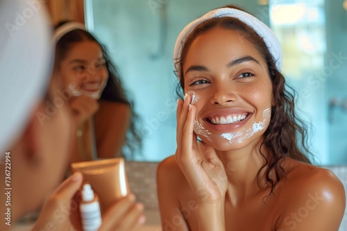 A happy woman smiles as she applies a facial skincare product, looking at her mirror image with satisfaction