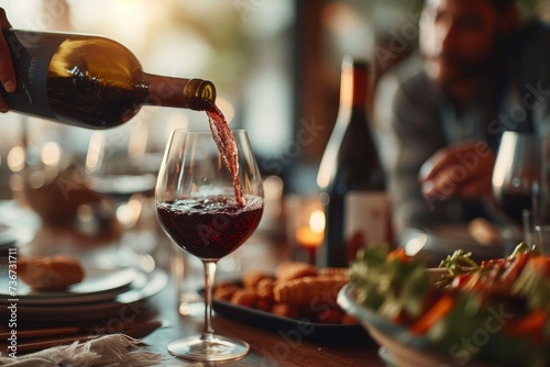 An elegant hand pours red wine from a bottle into a glass, with a dinner table set in a warm, cozy ambience