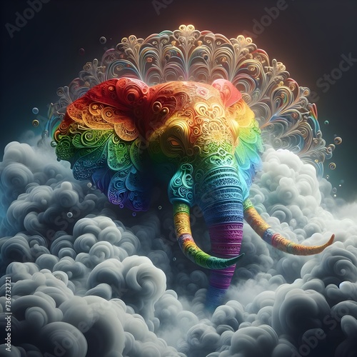 Rainbow elephant surrounded by lacey fog. 