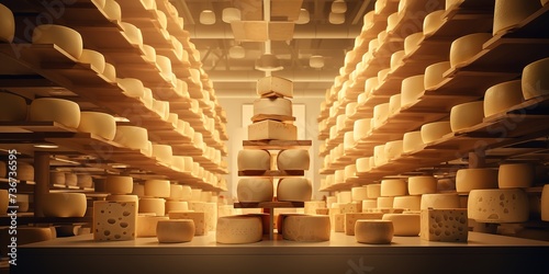 Cheese production cheese heads on the shelves in large quantities 