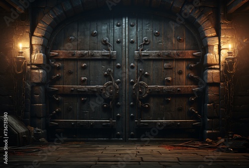 a large wooden door with a stone arch
