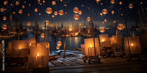 A surrealistic image of a Diwali celebration in a dreamlike setting with floating lanterns